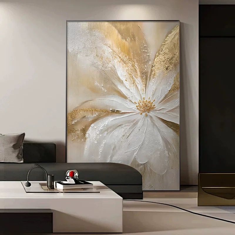 Handmade Gold Foil Oil Painting – Modern Grey Texture Canvas Wall Art for Living Room.