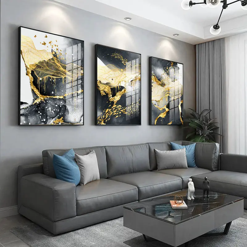 Gray & Golden Abstract Canvas Art – Modern Luxury Wall Print for Home Decor.