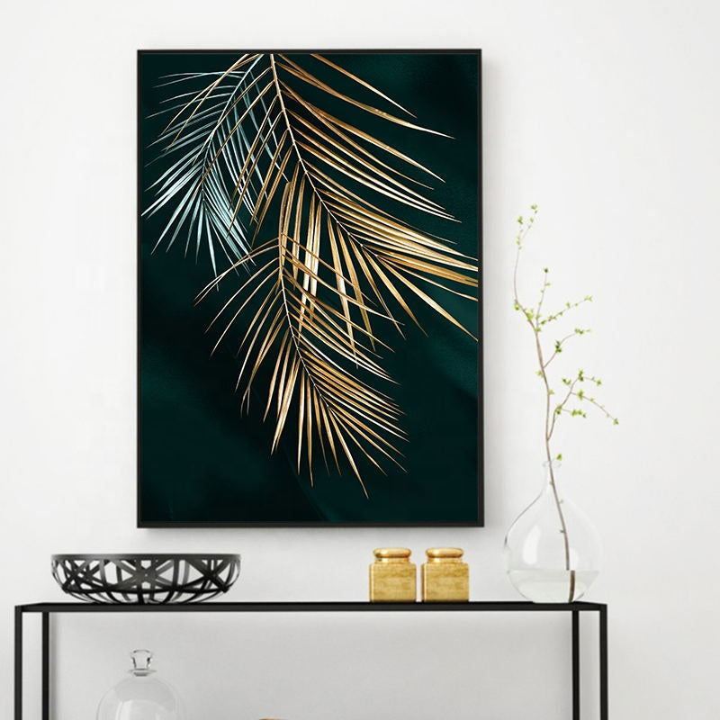 Abstract Golden Plant Leaves Canvas Print – Modern Wall Art for Living Room Decor.