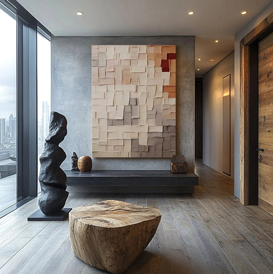 Large Beige & Brown Wabi Sabi Abstract Canvas Painting – Modern Wall Art for Home & Gallery.